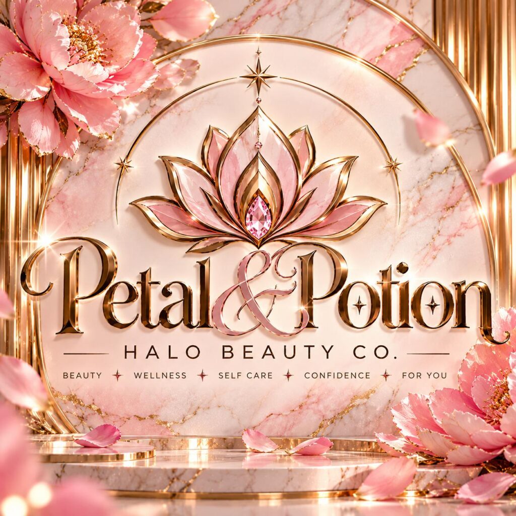 Petal & Potion lotus logo on pink marble