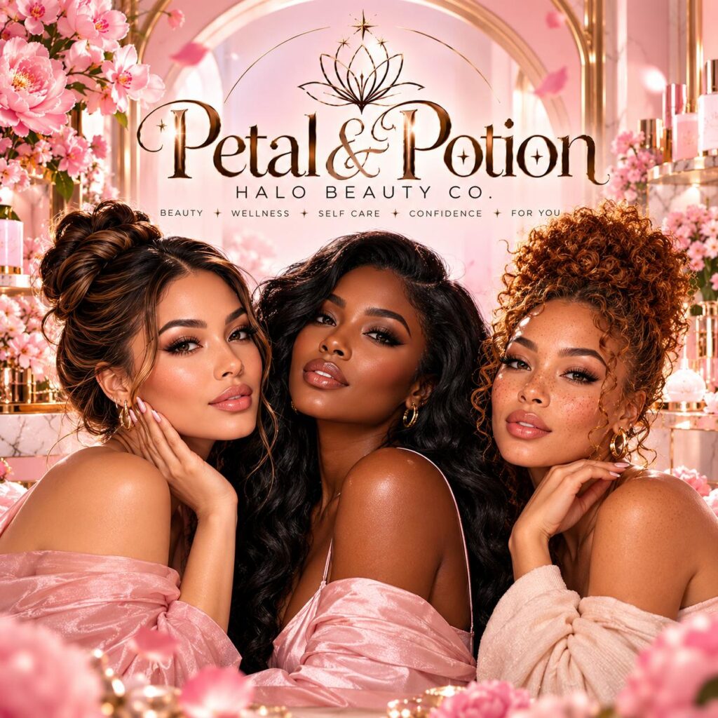 Three women in pink representing Petal & Potion beauty and confidence