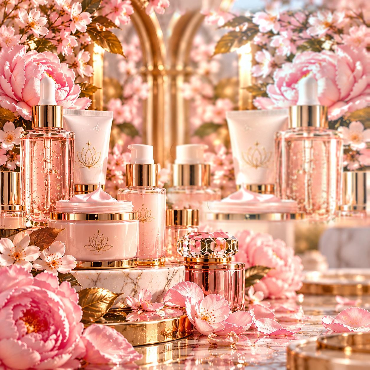 Petal & Potion skincare products with pink peonies and gold accents